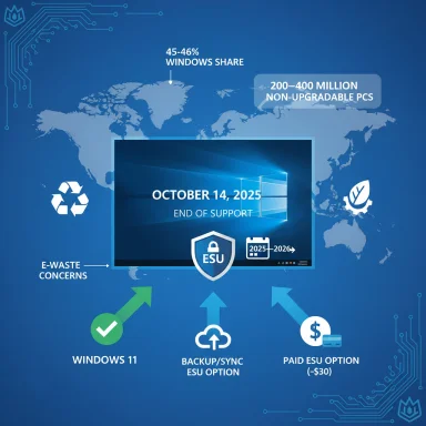 Global infographic on Windows end-of-support Oct 14, 2025, with ESU options and upgrade paths.