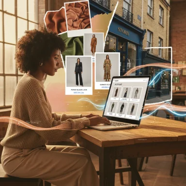 A woman sits at a laptop, surrounded by floating fashion collages.