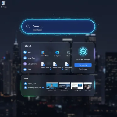 Glowing futuristic search interface hovering over a blurred city skyline with app panels.
