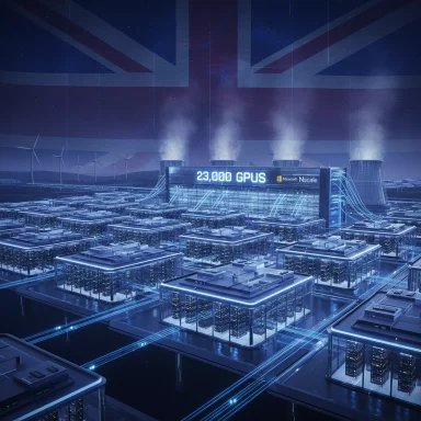 Futuristic data center with 23,000 GPUs in blue-lit racks and wind turbines in the background.