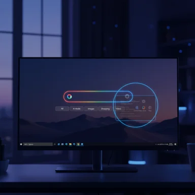 A monitor on a dark desk displays a neon gradient search bar with a blue circular overlay.