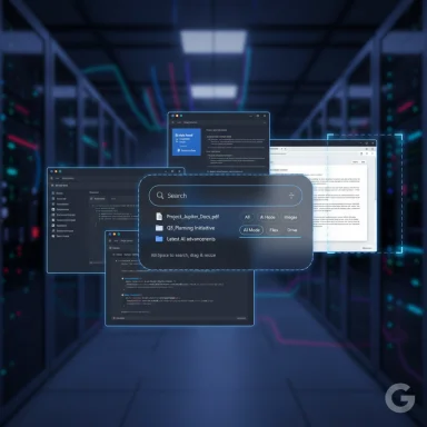 A futuristic data center with floating holographic app windows in a blue glow.