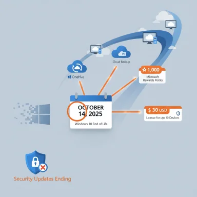 Infographic announcing Windows 10 End of Life on Oct 14, 2025 and security updates ending.