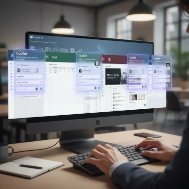 A person types on a keyboard while a monitor displays Copilot UI cards in a modern office.
