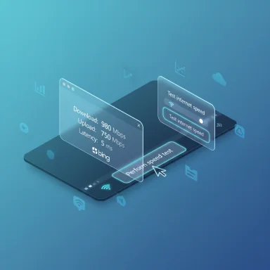 Futuristic smartphone with holographic speed-test panels showing download, upload, and latency.