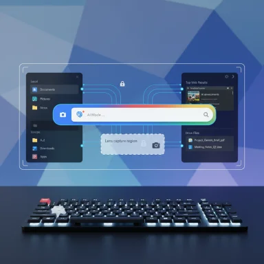 A keyboard beneath a holographic AI interface showing a search bar and floating file panels.