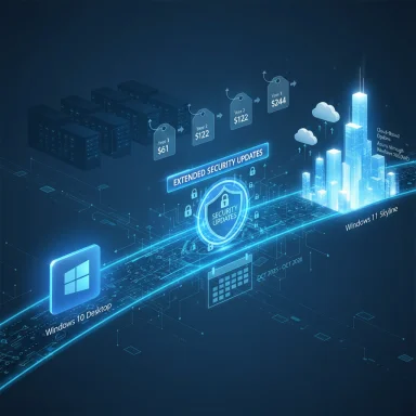 Futuristic blue network showing Windows 10/11 with extended security updates and cloud skyline.