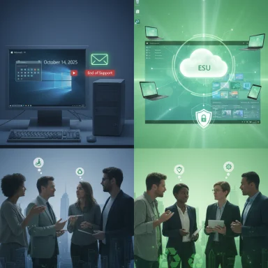 A four-panel tech collage showing Windows end-of-support, ESU cloud security, and diverse teams in discussion.