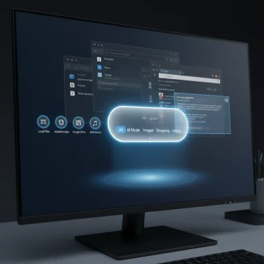 A futuristic monitor displays a glowing holographic search capsule and floating app icons.