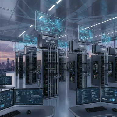 A futuristic data center with rows of server racks and floating holographic displays.