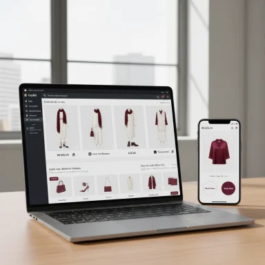 A laptop and a smartphone display an online fashion store with outfits.