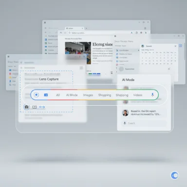 Futuristic AI-enabled desktop UI with a central search bar and multiple floating app windows.