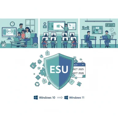 Infographic showing ESU and Windows 10 to 11 upgrade with classroom and office scenes.