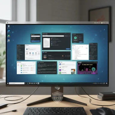 A widescreen monitor showing a Windows-like desktop with multiple floating app windows on a blue wallpaper.