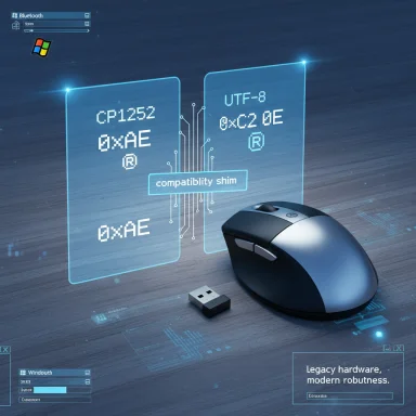 A wireless mouse with its USB dongle sits before holographic screens showing Unicode compatibility.