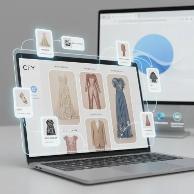 A laptop displays a holographic fashion catalog with interconnected outfit cards.