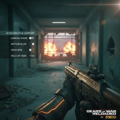 First-person shooter view down a ruined hallway toward a fiery explosion at the end.