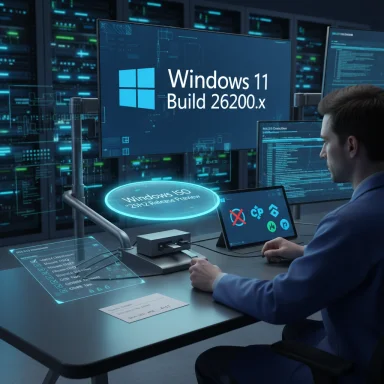 An engineer tests Windows 11 Build 26200.x in a high-tech lab with holographic displays.