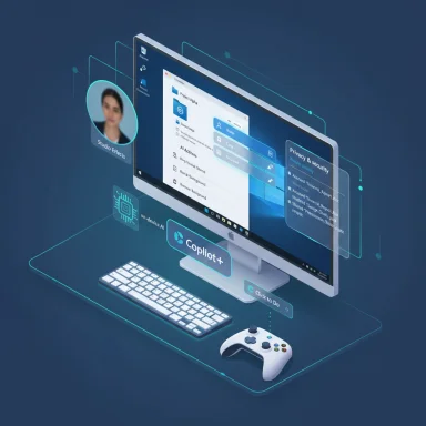 Futuristic desktop setup featuring Copilot+ AI interface with holographic panels and game controller.