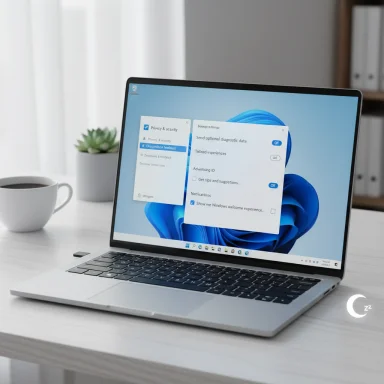 A laptop on a white desk displays Windows settings, with a coffee cup and plant nearby.