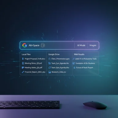 A glowing holographic AI search dashboard floats above a desk with keyboard and mouse.