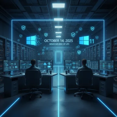 Two operators monitor a neon-blue data center, with a Windows end-of-life banner.