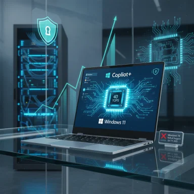 Futuristic laptop running Windows 11 with Copilot+ in a server room, surrounded by holographic circuits.