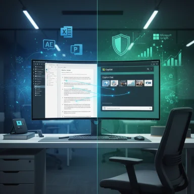 A futuristic desk with a curved monitor displaying holographic UI on split blue-green screens.