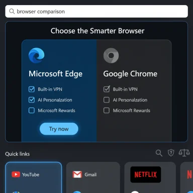 Dark UI showing a side-by-side comparison of Microsoft Edge and Google Chrome with a 'Try now' button.