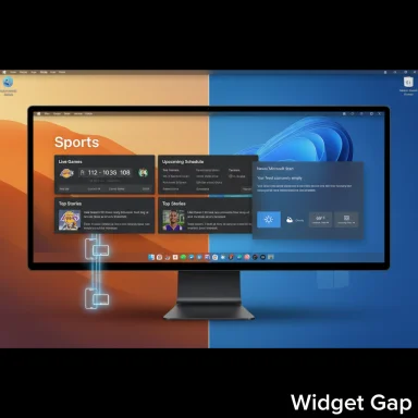 Split-screen desktop showing a sports dashboard on orange and blue halves with floating widgets and Widget Gap.