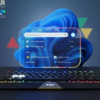 A futuristic holographic search UI floats above a glowing RGB keyboard.