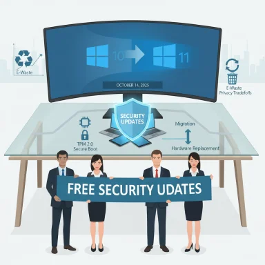 A team holds a banner promoting free security updates during Windows 10 to 11 migration.