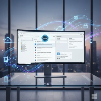 Modern monitor on a glass desk with glowing blue data and cloud graphics.