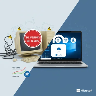 Old PC marked 'End of Support: Oct 14, 2025' beside a modern laptop and cloud icons.