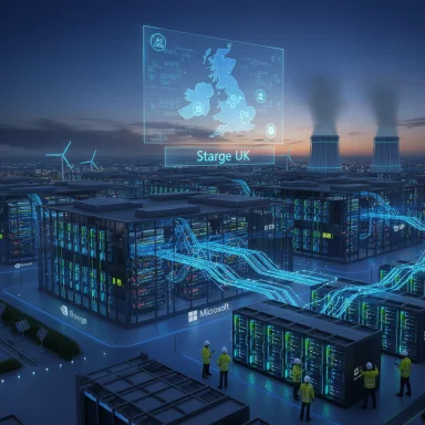 A futuristic data center with a holographic UK map and glowing blue data streams.