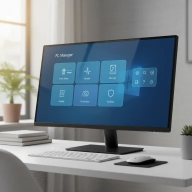 A sleek monitor on a clean desk displays a PC Manager dashboard with storage, health, and toolbox icons.