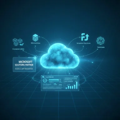 A glowing cloud hub linking microservices, serverless functions, databases, and containers.