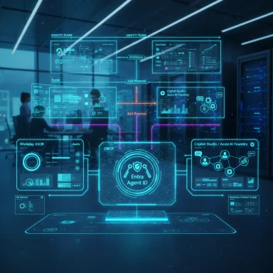 Futuristic holographic dashboard centered on Entra Agent ID with AI and identity panels.