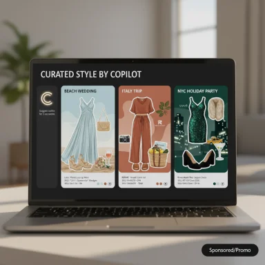 Laptop screen displays a curated outfit board featuring Beach Wedding, Italy Trip, and NYC Holiday Party.
