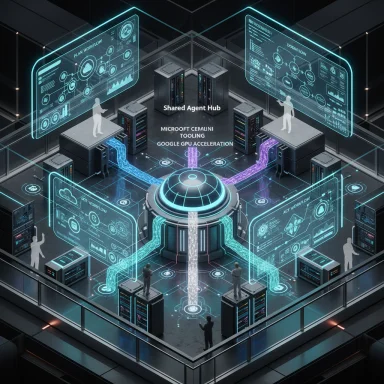 A sci‑fi data center with a central Shared Agent Hub, holographic screens, and glowing data streams.