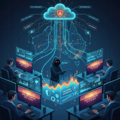 A hooded hacker oversees a cloud network as analysts monitor Windows 10 end-of-support alerts.