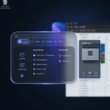 Glowing AI-powered search UI overlay showing Local Files, Apps, and a Google Lens panel over a blurred desktop.