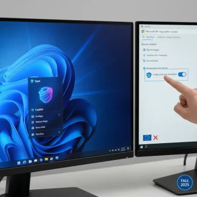 Two monitors show Windows 11 wallpaper, with a finger toggling Enable automatic installation in a settings window.