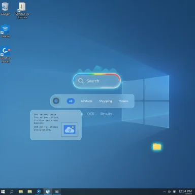 Windows desktop with a glowing holographic search bar and floating UI tabs.