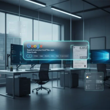 Futuristic office with floating holographic Google search interface above workstations.