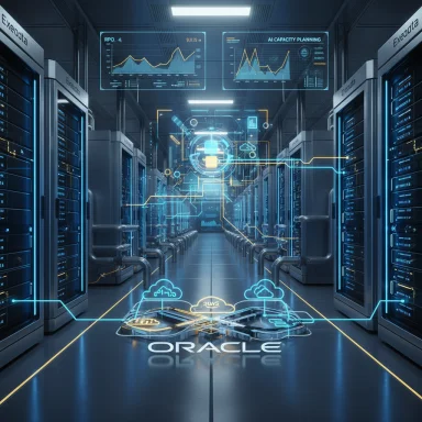 Futuristic data center with Exadata racks and holographic Oracle cloud visuals.
