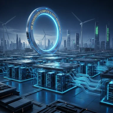 Futuristic data center with glowing blue servers and a neon ring marking UK Sovereign Compute & Data Residency.