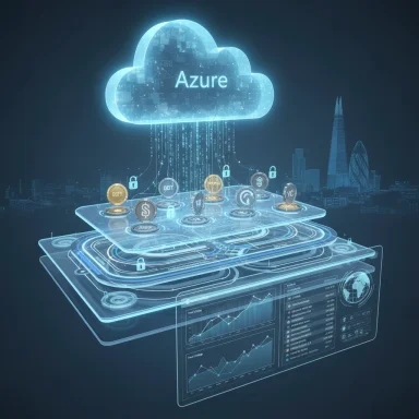 Azure cloud computing shown with layered data stacks and finance icons.