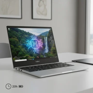 Silver laptop on a white desk displays a waterfall wallpaper with a neon circuit logo.