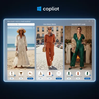 Glowing Copilot UI displaying three wedding-guest outfit ideas: lace beach dress, orange jumpsuit, green sequined suit.